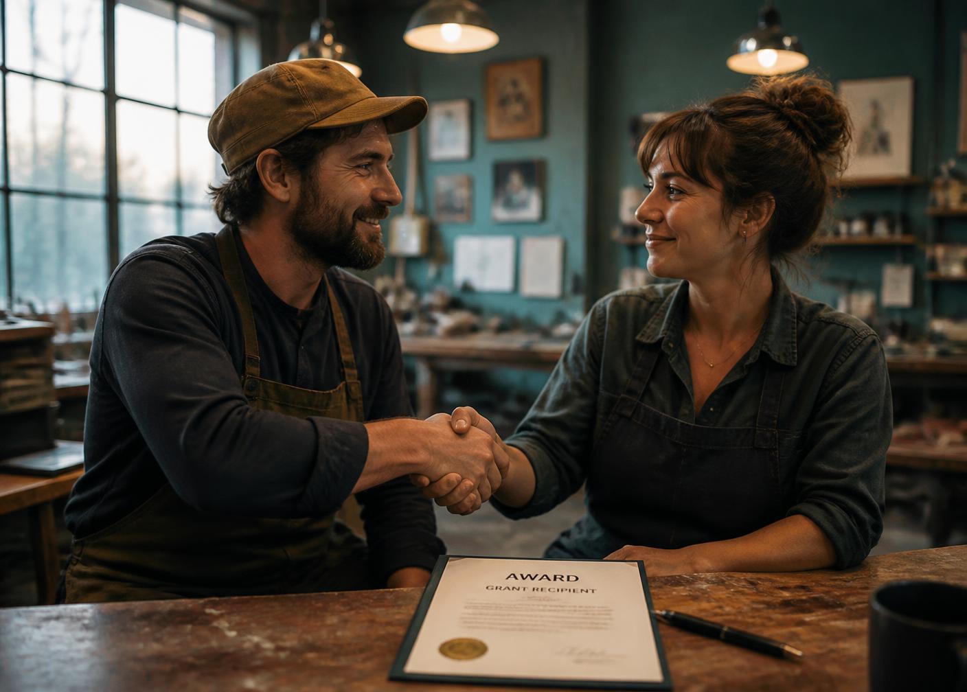 Two small business partners with a grant award letter on the table