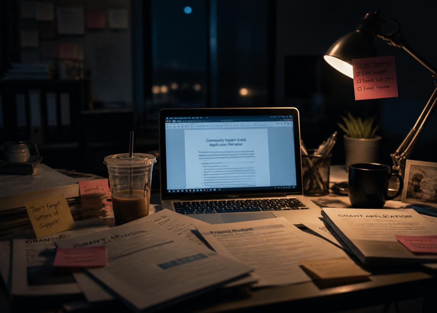 A desk buried in printed grant applications late at night